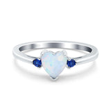 Art Deco Heart Three Stone Wedding Bridal Ring Round Blue Sapphire Simulated Cubic Zirconia 925 Sterling Silver