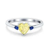 Art Deco Heart Three Stone Wedding Bridal Ring Round Blue Sapphire Simulated Cubic Zirconia 925 Sterling Silver