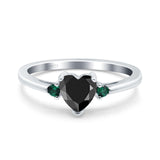 Art Deco Heart Three Stone Wedding Bridal Ring Round Green Emerald Simulated Cubic Zirconia 925 Sterling Silver