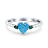 Art Deco Heart Three Stone Wedding Bridal Ring Round Green Emerald Simulated Cubic Zirconia 925 Sterling Silver