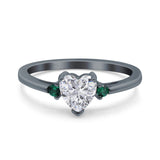 Art Deco Heart Three Stone Wedding Bridal Ring Round Green Emerald Simulated Cubic Zirconia 925 Sterling Silver