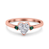 Art Deco Heart Three Stone Wedding Bridal Ring Round Green Emerald Simulated Cubic Zirconia 925 Sterling Silver