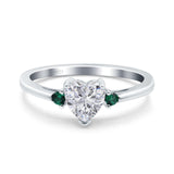 Art Deco Heart Three Stone Wedding Bridal Ring Round Green Emerald Simulated Cubic Zirconia 925 Sterling Silver