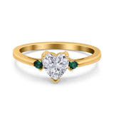 Art Deco Heart Three Stone Wedding Bridal Ring Round Green Emerald Simulated Cubic Zirconia 925 Sterling Silver