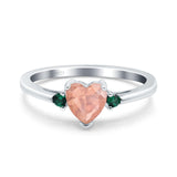 Art Deco Heart Three Stone Wedding Bridal Ring Round Green Emerald Simulated Cubic Zirconia 925 Sterling Silver