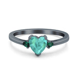 Art Deco Heart Three Stone Wedding Bridal Ring Round Green Emerald Simulated Cubic Zirconia 925 Sterling Silver