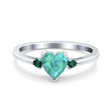 Art Deco Heart Three Stone Wedding Bridal Ring Round Green Emerald Simulated Cubic Zirconia 925 Sterling Silver