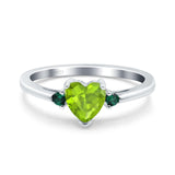 Art Deco Heart Three Stone Wedding Bridal Ring Round Green Emerald Simulated Cubic Zirconia 925 Sterling Silver