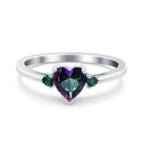 Art Deco Heart Three Stone Wedding Bridal Ring Round Green Emerald Simulated Cubic Zirconia 925 Sterling Silver
