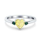Art Deco Heart Three Stone Wedding Bridal Ring Round Green Emerald Simulated Cubic Zirconia 925 Sterling Silver
