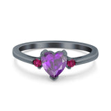 Art Deco Heart Three Stone Wedding Bridal Ring Round Ruby Simulated Cubic Zirconia 925 Sterling Silver