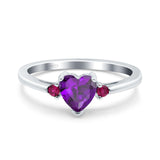 Art Deco Heart Three Stone Wedding Bridal Ring Round Ruby Simulated Cubic Zirconia 925 Sterling Silver