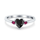 Art Deco Heart Three Stone Wedding Bridal Ring Round Ruby Simulated Cubic Zirconia 925 Sterling Silver