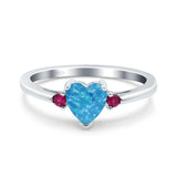 Art Deco Heart Three Stone Wedding Bridal Ring Round Ruby Simulated Cubic Zirconia 925 Sterling Silver