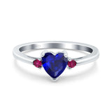 Art Deco Heart Three Stone Wedding Bridal Ring Round Ruby Simulated Cubic Zirconia 925 Sterling Silver