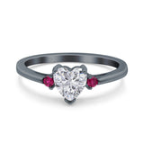 Art Deco Heart Three Stone Wedding Bridal Ring Round Ruby Simulated Cubic Zirconia 925 Sterling Silver