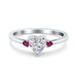 Art Deco Heart Three Stone Wedding Bridal Ring Round Ruby Simulated Cubic Zirconia 925 Sterling Silver