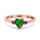 Art Deco Heart Three Stone Wedding Bridal Ring Round Ruby Simulated Cubic Zirconia 925 Sterling Silver