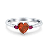 Art Deco Heart Three Stone Wedding Bridal Ring Round Ruby Simulated Cubic Zirconia 925 Sterling Silver