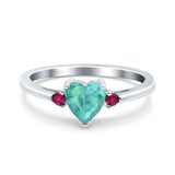 Art Deco Heart Three Stone Wedding Bridal Ring Round Ruby Simulated Cubic Zirconia 925 Sterling Silver