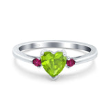 Art Deco Heart Three Stone Wedding Bridal Ring Round Ruby Simulated Cubic Zirconia 925 Sterling Silver