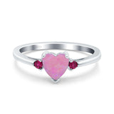 Art Deco Heart Three Stone Wedding Bridal Ring Round Ruby Simulated Cubic Zirconia 925 Sterling Silver