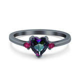 Art Deco Heart Three Stone Wedding Bridal Ring Round Ruby Simulated Cubic Zirconia 925 Sterling Silver