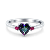 Art Deco Heart Three Stone Wedding Bridal Ring Round Ruby Simulated Cubic Zirconia 925 Sterling Silver