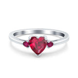Art Deco Heart Three Stone Wedding Bridal Ring Round Ruby Simulated Cubic Zirconia 925 Sterling Silver