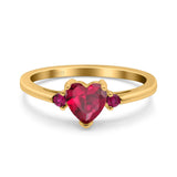 Art Deco Heart Three Stone Wedding Bridal Ring Round Ruby Simulated Cubic Zirconia 925 Sterling Silver