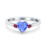 Art Deco Heart Three Stone Wedding Bridal Ring Round Ruby Simulated Cubic Zirconia 925 Sterling Silver