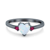Art Deco Heart Three Stone Wedding Bridal Ring Round Ruby Simulated Cubic Zirconia 925 Sterling Silver