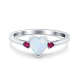 Art Deco Heart Three Stone Wedding Bridal Ring Round Ruby Simulated Cubic Zirconia 925 Sterling Silver