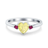 Art Deco Heart Three Stone Wedding Bridal Ring Round Ruby Simulated Cubic Zirconia 925 Sterling Silver