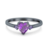 Art Deco Heart Three Stone Wedding Bridal Ring Round Amethyst Simulated Cubic Zirconia 925 Sterling Silver
