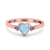 Art Deco Heart Three Stone Wedding Bridal Ring Round Amethyst Simulated Cubic Zirconia 925 Sterling Silver