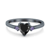 Art Deco Heart Three Stone Wedding Bridal Ring Round Amethyst Simulated Cubic Zirconia 925 Sterling Silver