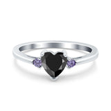 Art Deco Heart Three Stone Wedding Bridal Ring Round Amethyst Simulated Cubic Zirconia 925 Sterling Silver