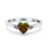 Art Deco Heart Three Stone Wedding Bridal Ring Round Amethyst Simulated Cubic Zirconia 925 Sterling Silver