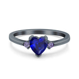 Art Deco Heart Three Stone Wedding Bridal Ring Round Amethyst Simulated Cubic Zirconia 925 Sterling Silver