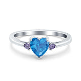 Art Deco Heart Three Stone Wedding Bridal Ring Round Amethyst Simulated Cubic Zirconia 925 Sterling Silver