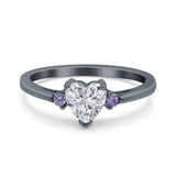 Art Deco Heart Three Stone Wedding Bridal Ring Round Amethyst Simulated Cubic Zirconia 925 Sterling Silver