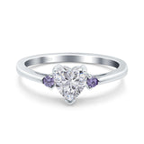 Art Deco Heart Three Stone Wedding Bridal Ring Round Amethyst Simulated Cubic Zirconia 925 Sterling Silver