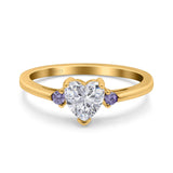 Art Deco Heart Three Stone Wedding Bridal Ring Round Amethyst Simulated Cubic Zirconia 925 Sterling Silver