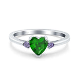 Art Deco Heart Three Stone Wedding Bridal Ring Round Amethyst Simulated Cubic Zirconia 925 Sterling Silver