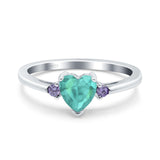 Art Deco Heart Three Stone Wedding Bridal Ring Round Amethyst Simulated Cubic Zirconia 925 Sterling Silver