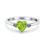 Art Deco Heart Three Stone Wedding Bridal Ring Round Amethyst Simulated Cubic Zirconia 925 Sterling Silver