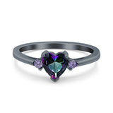 Art Deco Heart Three Stone Wedding Bridal Ring Round Amethyst Simulated Cubic Zirconia 925 Sterling Silver