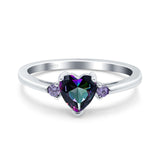 Art Deco Heart Three Stone Wedding Bridal Ring Round Amethyst Simulated Cubic Zirconia 925 Sterling Silver