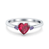 Art Deco Heart Three Stone Wedding Bridal Ring Round Amethyst Simulated Cubic Zirconia 925 Sterling Silver
